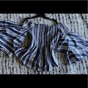 Off Shoulder Bell Sleeve Striped Blouse